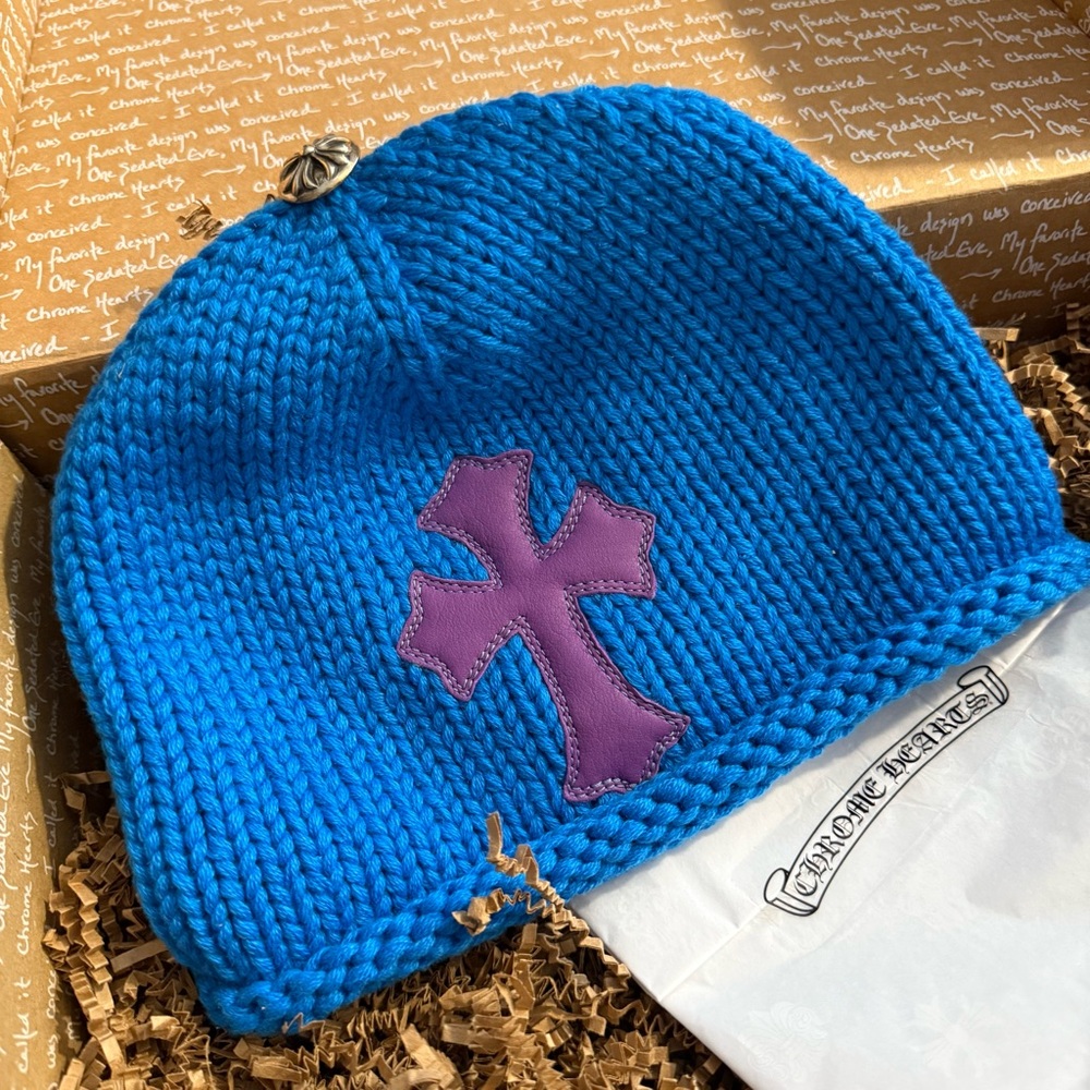 Chrome Hearts Blue Cashmere Knit Beanie with Purple Leather Cross Patch